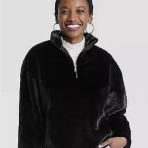 Women's Black Faux Fur Half-Zip Jacket NWT